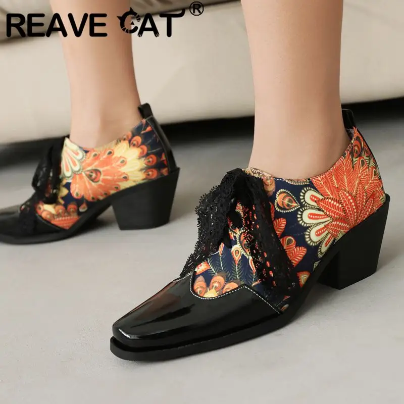 

REAVE CAT Patent Leather Women Pumps Square Toe Block Heels 7cm Lace Up Mixed Color Splice Big Size 43 Retro Daily Female Shoes