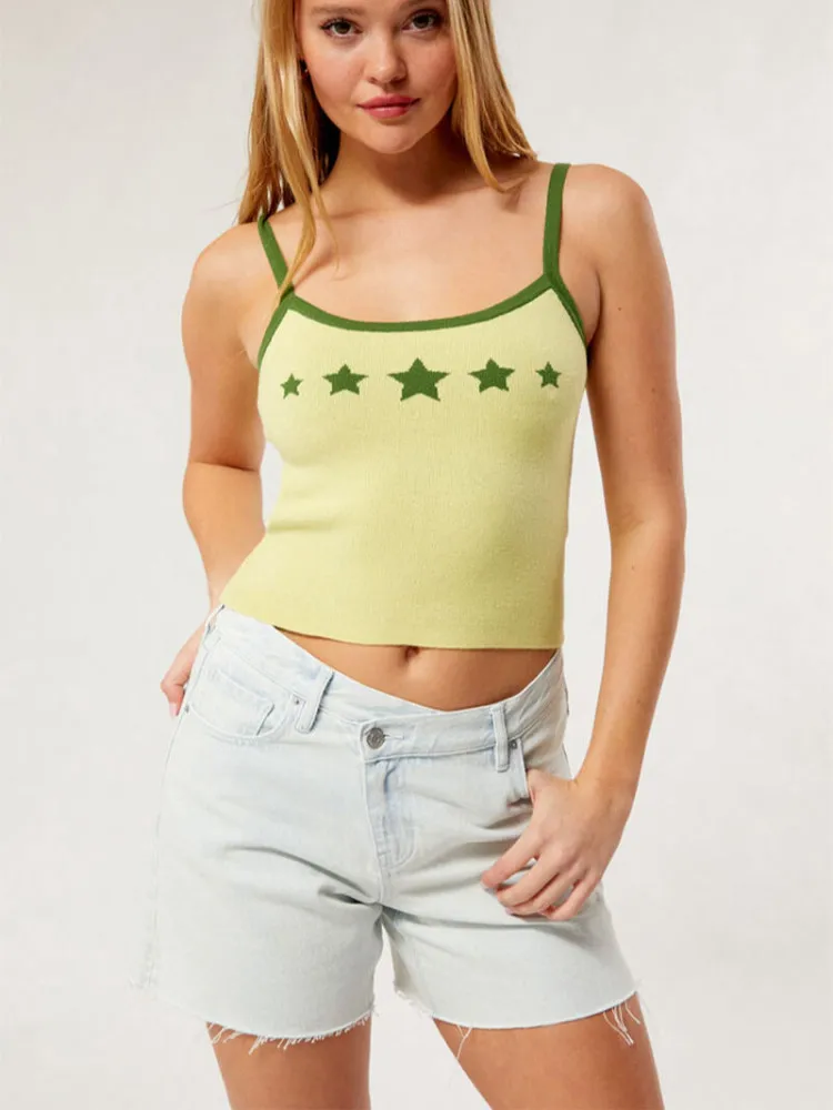 Sexy Y2K aesthetic yellow star pattern knitted vest Gothic Emo girl tight chest sleeveless back top retro street 
Sexy Y2K aesthetic yellow star pattern knitted vest Gothic Emo girl tight chest sleeveless back top retro street