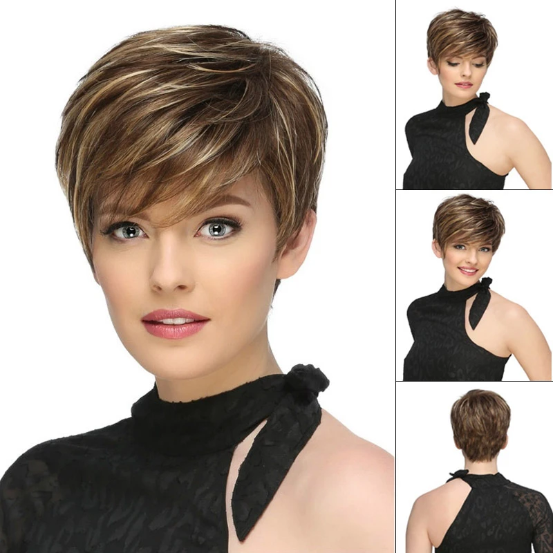 

Short Pixie Cut Ombre Blonde Synthetic Wigs Natural Straight Layered Wig with Fluffy Bangs for Women Daily Heat Resistant Hair