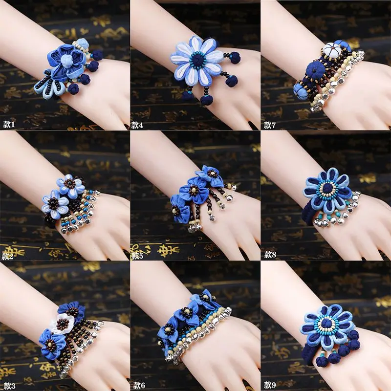 

Роскошный синий браслет с краской, Китай, Юньнань дали, в этническом стиле, большие цветы, тонкая ткань для окрашивания, голубая ручная работа, плетеная веревка, специальные ювелирные изделия
