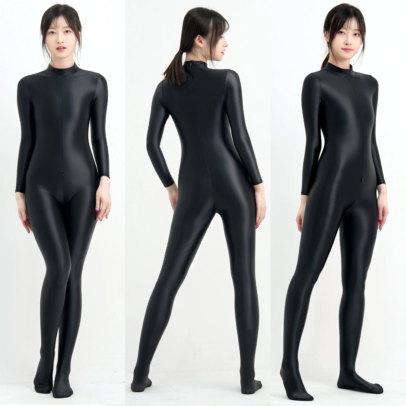 

Women Sexy Shiny Bodysuit Tight-fitting Oil Smooth Back Zipper Overalls Yoga Zentai Suits Casual Sport Tights Catsuit Jumpsuits