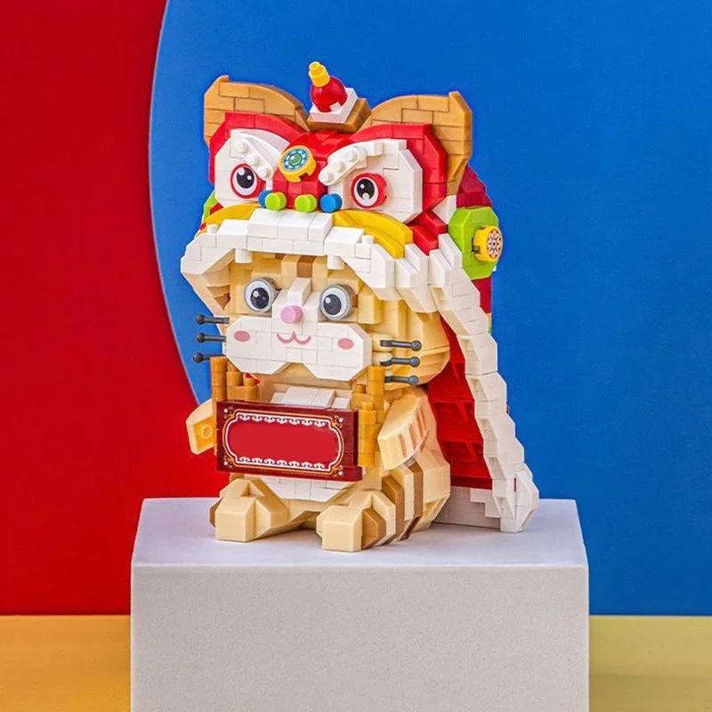 

Mini Building Blocks New Year's Beast Lion Dance Lucky Cat Animal Model Assembly Ornaments Toys Gifts for Adults and Children
