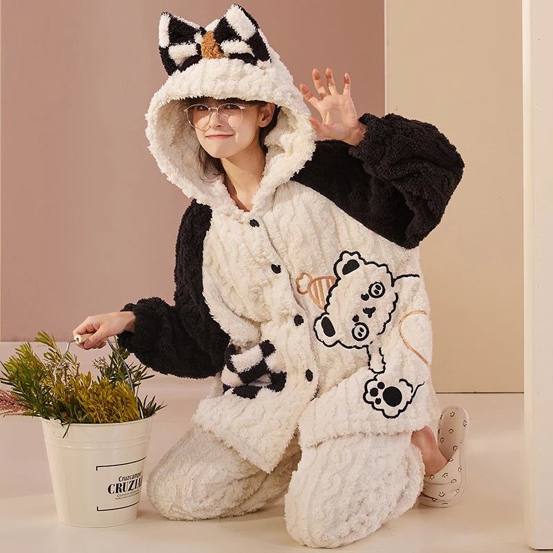 Winter Women's Flannel Pajamas Sets Cartoon Bear Sleepwear Long Sleeved Hooded Homewear Pijama Femme Loungewear Thicken Warm
Winter Women's Flannel Pajamas Sets Cartoon Bear Sleepwear Long Sleeved Hooded Homewear Pijama Femme Loungewear Thicken Warm