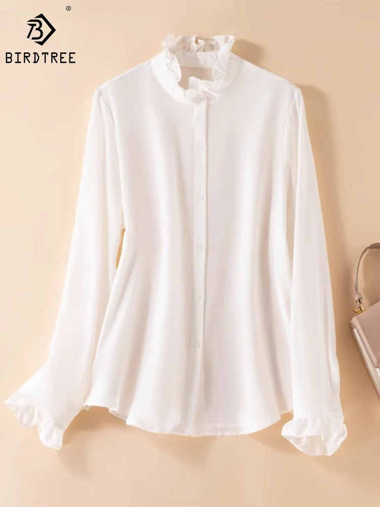 

Birdtree 100%Real Silk Women Elegant White Shirts Ruched Stand Collar Long Sleeve Blouses Designed Chic Autumn New Tops T3N821QM