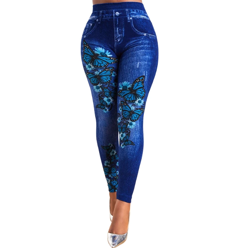 

High Waist Stretchy Legging Plus Size Oversized Women Denim Look Skinny Jeggings Ladies Fashion Print Pencil Pants Clothing