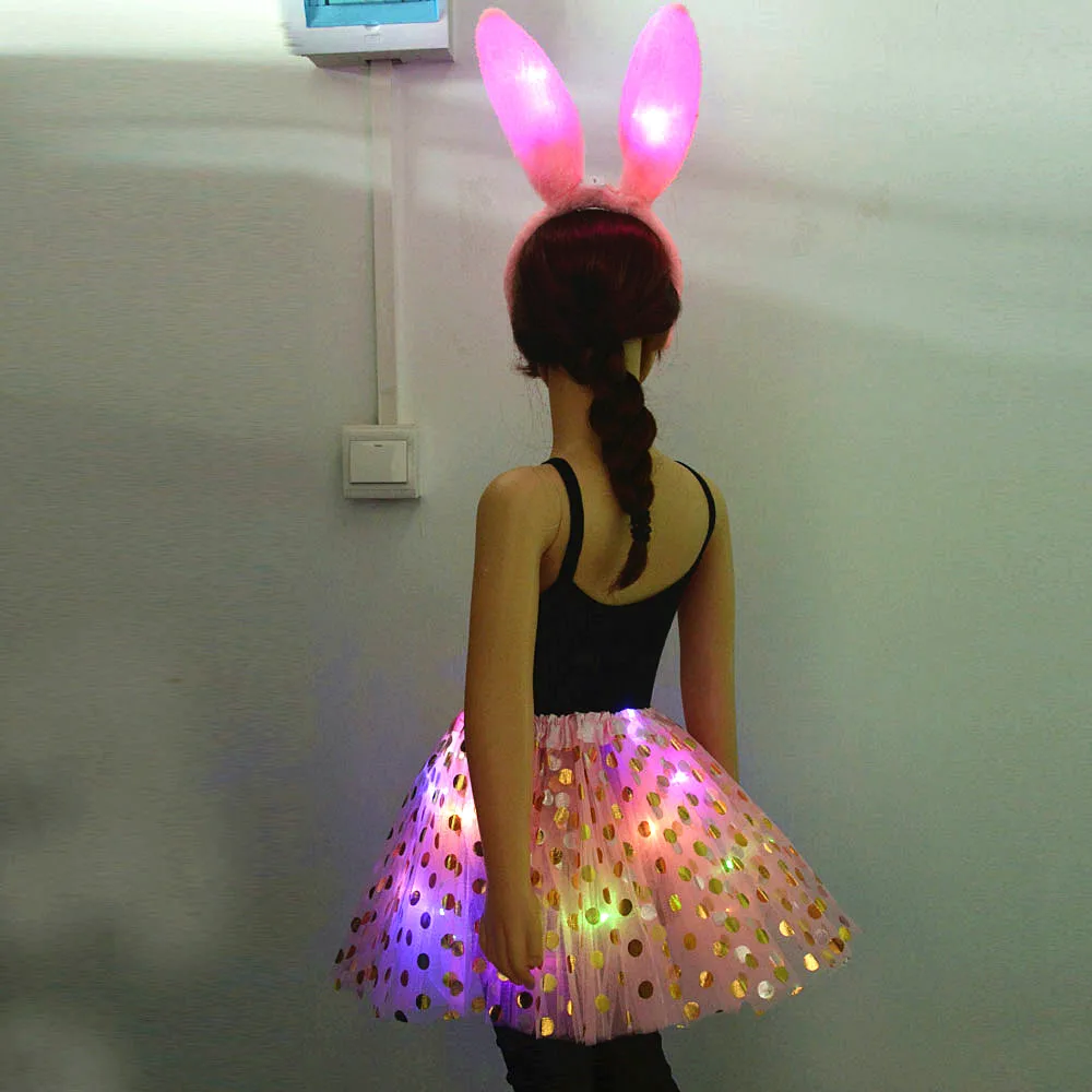 

Children Teens Girl LED Light Up Tutu Polka Dots Skirt Glow Bunny Rabbit Easter Costume Ear Headbands Birthday Party Christmas