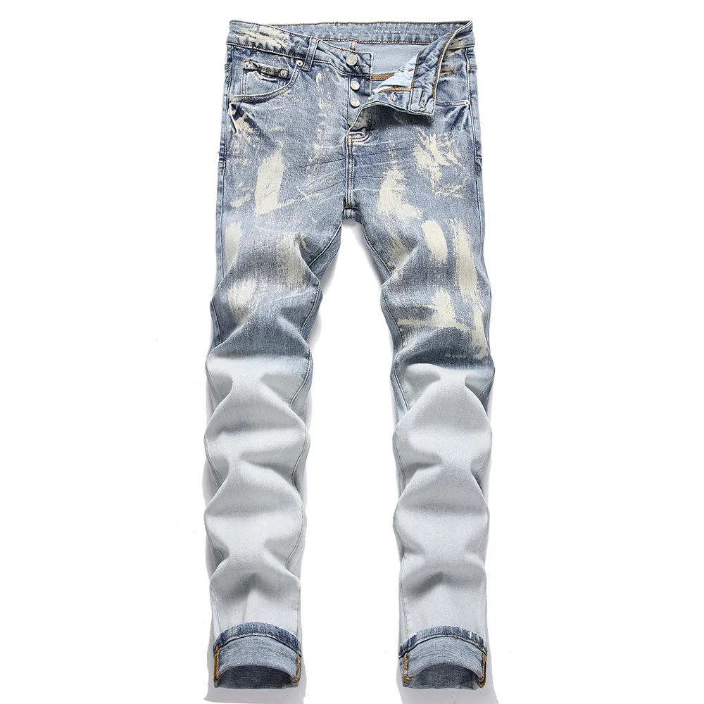 

Men's Button Fly Stretch Denim Jeans Streetwear Washed Light Blue Pants Skinny Tapered Trousers