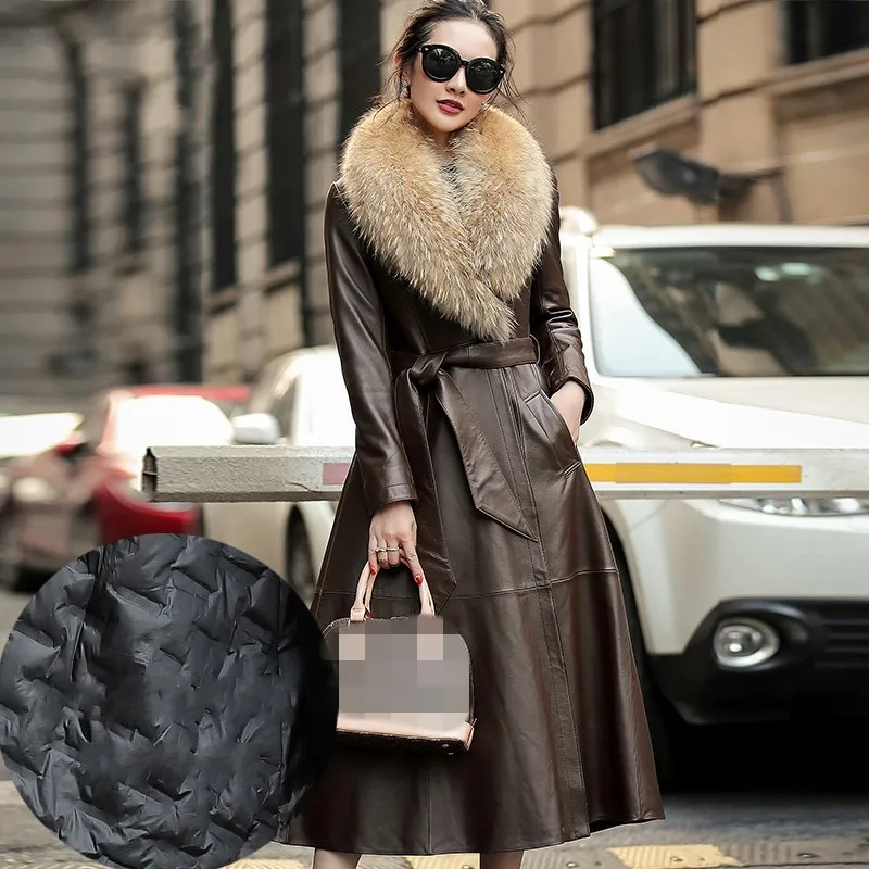 

2023 Sheepskin Detachable Raccoon Fur Collar Down Coat Office Lady Long Elegant Sashes Slim Genuine Leather Jacket Women Thick D