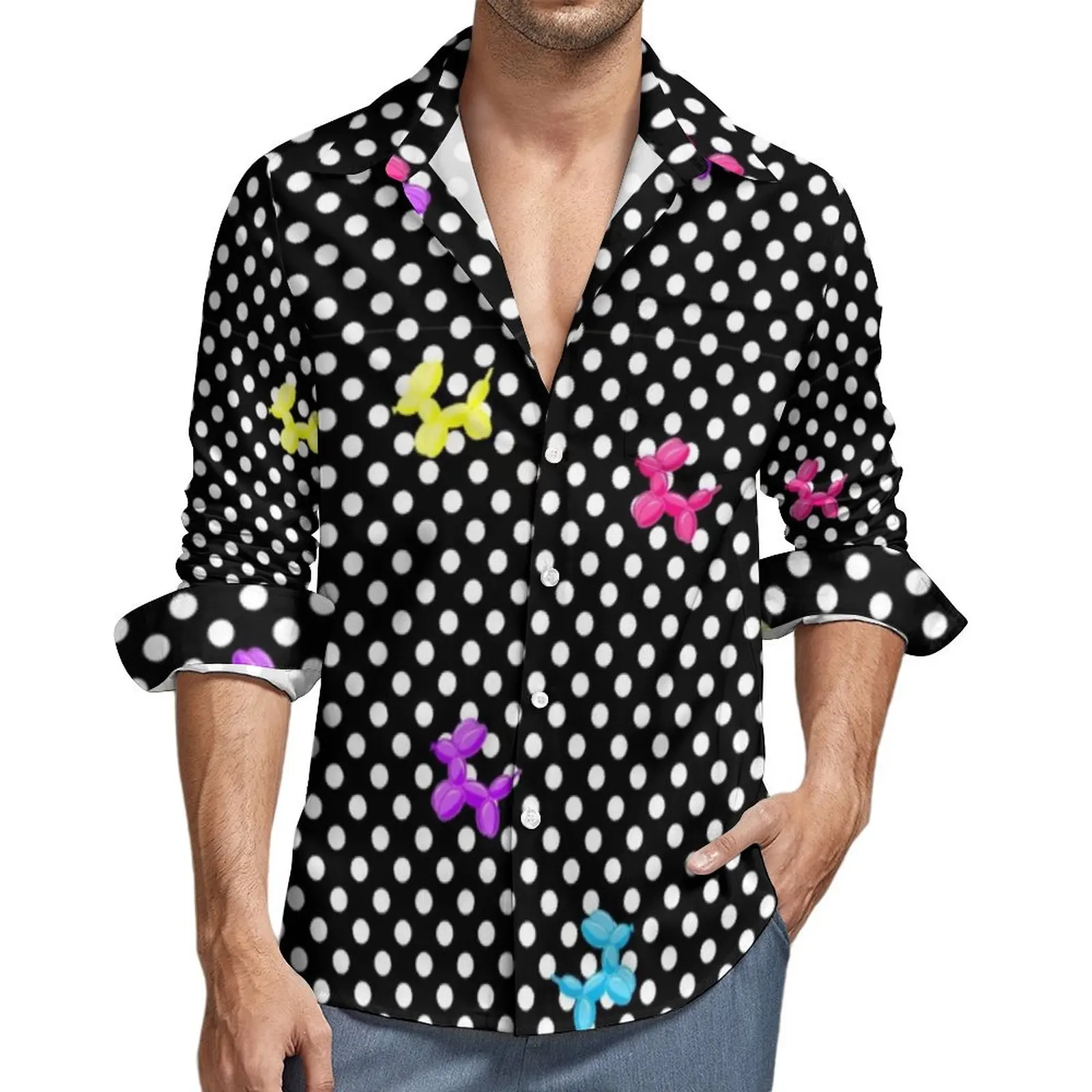 

Colorful Balloon Dogs Blouse Man Polka Dots Print Shirt Long Sleeve Vintage Breathable Casual Shirts Spring Design Clothes