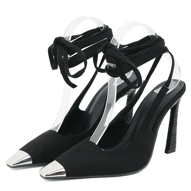 Metal Decorative Sexy Pointed Toe High Heels Women Ankle Strap Suede Women Pumps Summer Elegant Heeled Sandals Tacones Mujer 6 S02e167bb4ac64886b5e0b63e65b248186