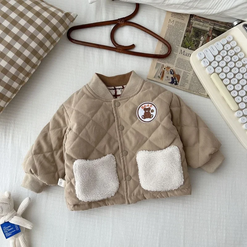 

New Winter Children Boy Coat 0-6Years Kids Long Sleeve Single Breasted Double Side Wear Cartoon Bear Warm Jacket Outwear Clothes