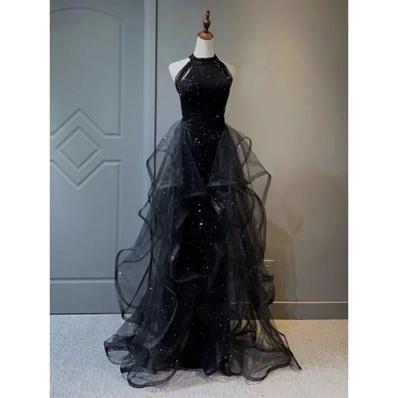 

Блестящее черное Тюлевое платье для выпускного вечера, с лямкой на шее, без рукавов, с оборками, свадебное вечернее платье, коктейльные платья, женская одежда #18437