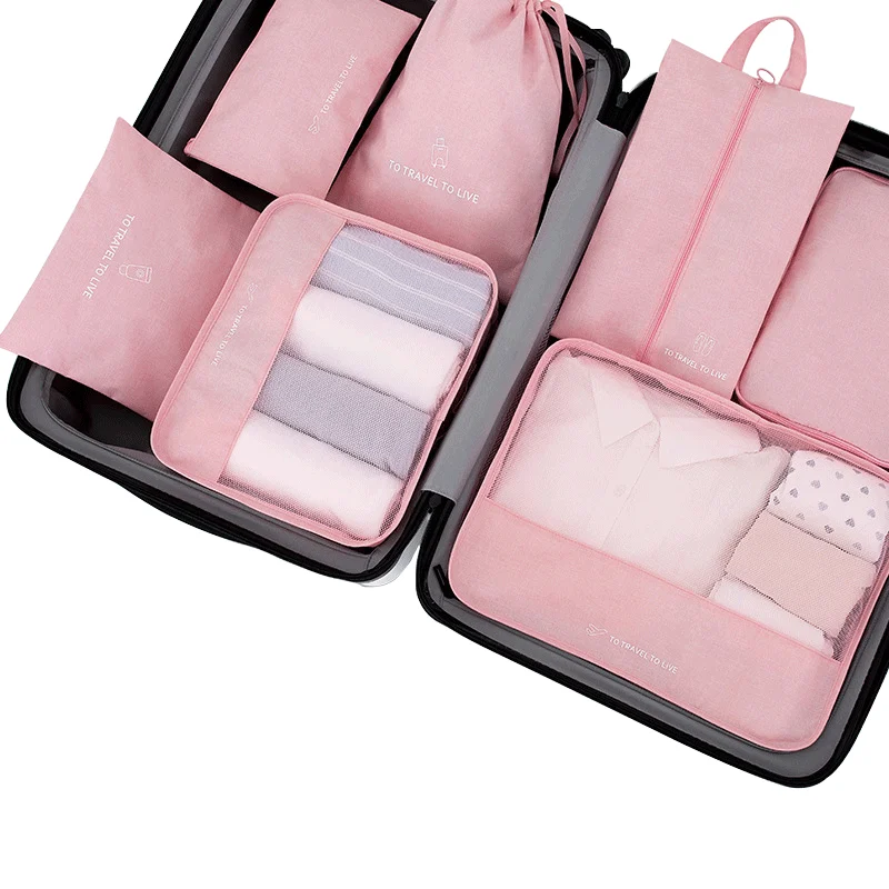 

Women Pink Suitcase Travel Organizer 7PCS Set Clothes Shoe Travel Bags Luggage Travel Accessories Storage Kit Pouch Packing Cube