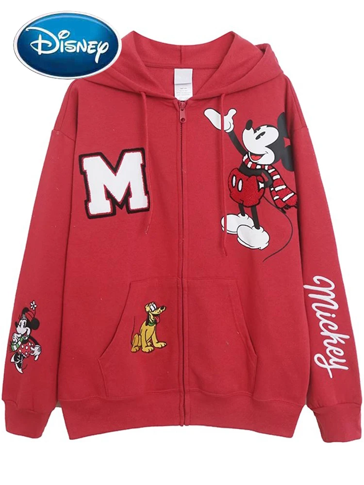 

Disney Red Sweatshirt Anniversary Minnie Mickey Mouse Letter Cartoon Print Embroidery Fashion Women Zip Pocket Hooded Jumper Top