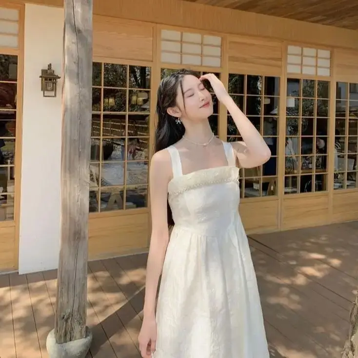 

Korea White Dress Women Sweet Ruffles Summer Sleeveless Princess Aesthetic A-line Sundress Holiday Leisure French Style Designed