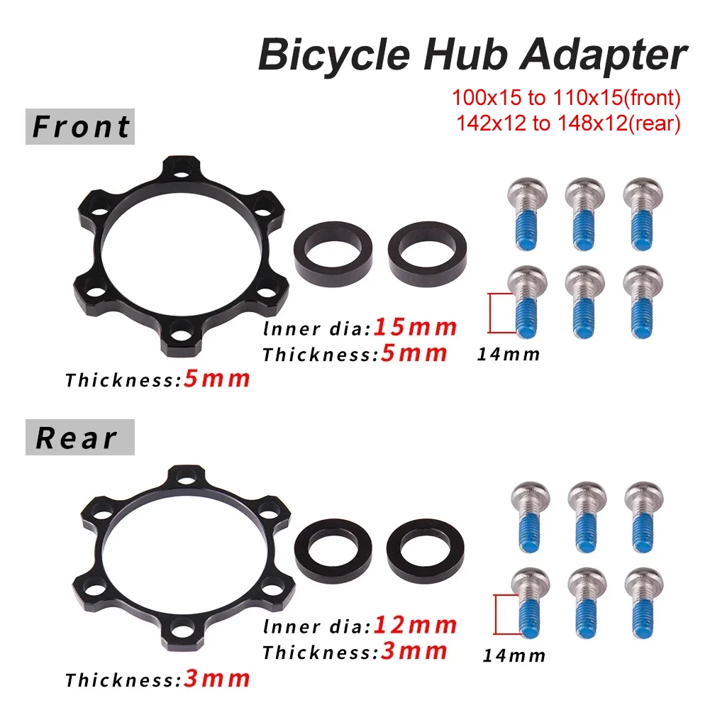 Bicycle Hub Adapter 6-Bolt Disc Brake Rotor Adapter Spacer 100x15 to 110x15 Front 142x12 to 148x12 Rear with 12mm/15mm Washer
Bicycle Hub Adapter 6-Bolt Disc Brake Rotor Adapter Spacer 100x15 to 110x15 Front 142x12 to 148x12 Rear with 12mm/15mm Washer