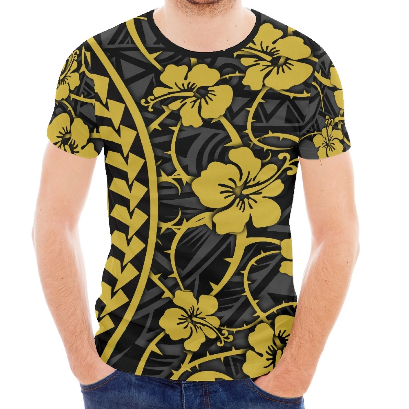 

Hibiscus Flower 3D Tattoo Print Design New Polynesian Traditional Tribal Hawaiian Style Round Neck Short Sleeve Slim T-Shirt Man