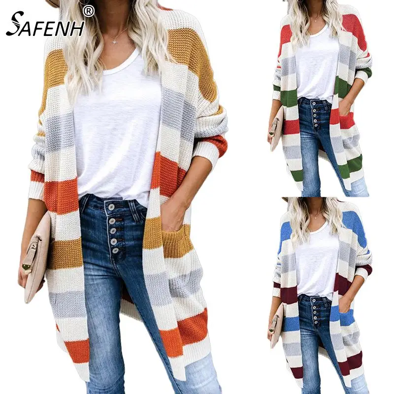 

1pc Women's Cardigan Colorful Stripes Contrast Color Front Fly Long Sleeve Midi Sweater Cardigans Tops
