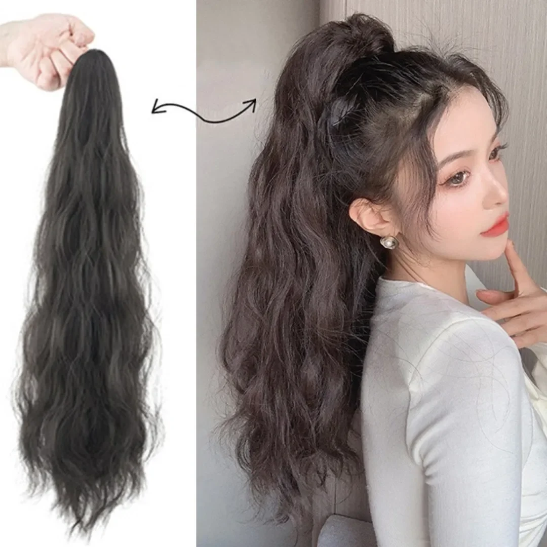 

18inch Synthetic Long Water Wave Hair Band With Grab Clip Ponytail Wig Claw Curly Hair False Ponytail Fluffy Hair Can Be Braided