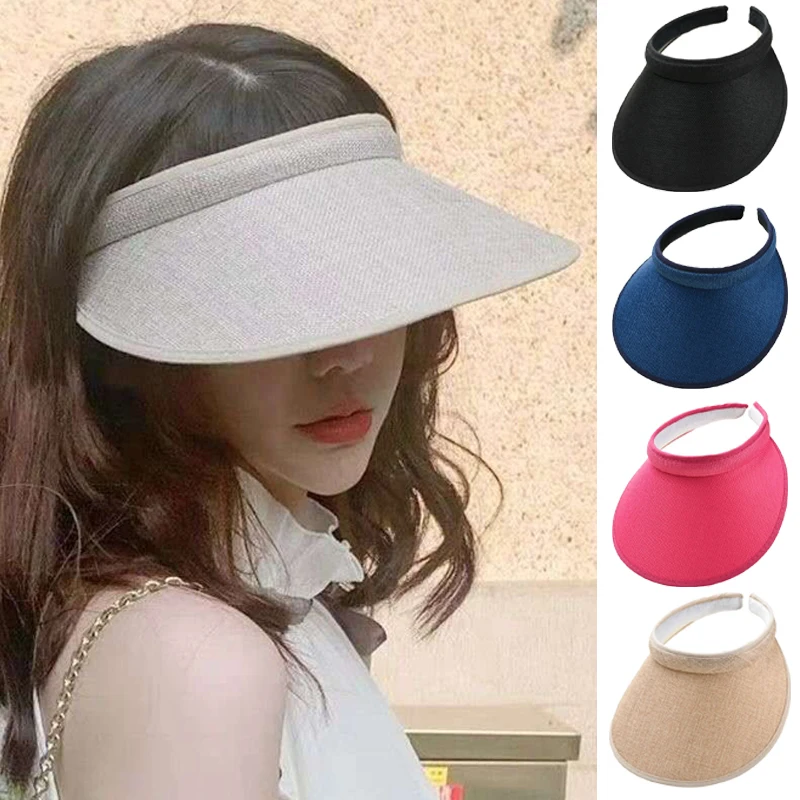 

Large Brim Sun Hats for Women Breathable Linen Empty Top Hat Anti-UV Visor Cap Korean Girls Summer Hat Outdoor Travel Beach Caps
