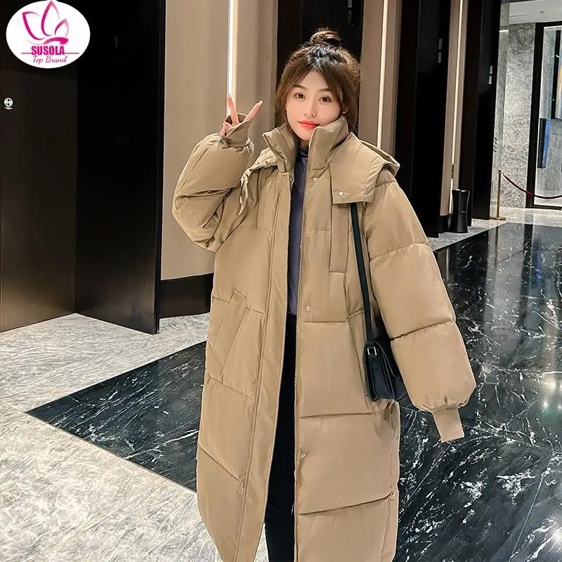 

Зимнее хлопковое пальто SUSOLA, средней длины, пуховик выше колена, Женская Корейская свободная утепленная куртка с капюшоном и хлопковой подкладкой