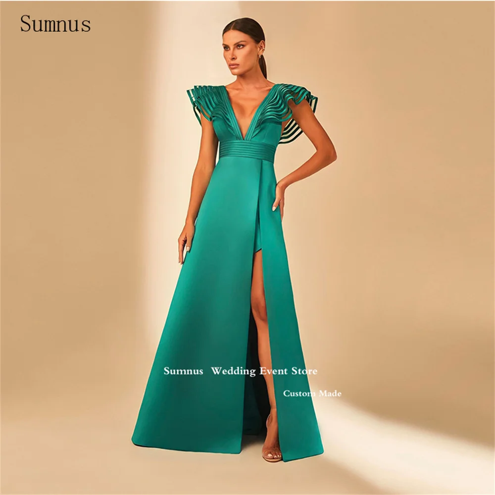 

Sumnus Green Evening Dresses Vintage Satin Deep V Neck Backless Long A Line High Slit Vestidos De Noche Party Dresses 2023