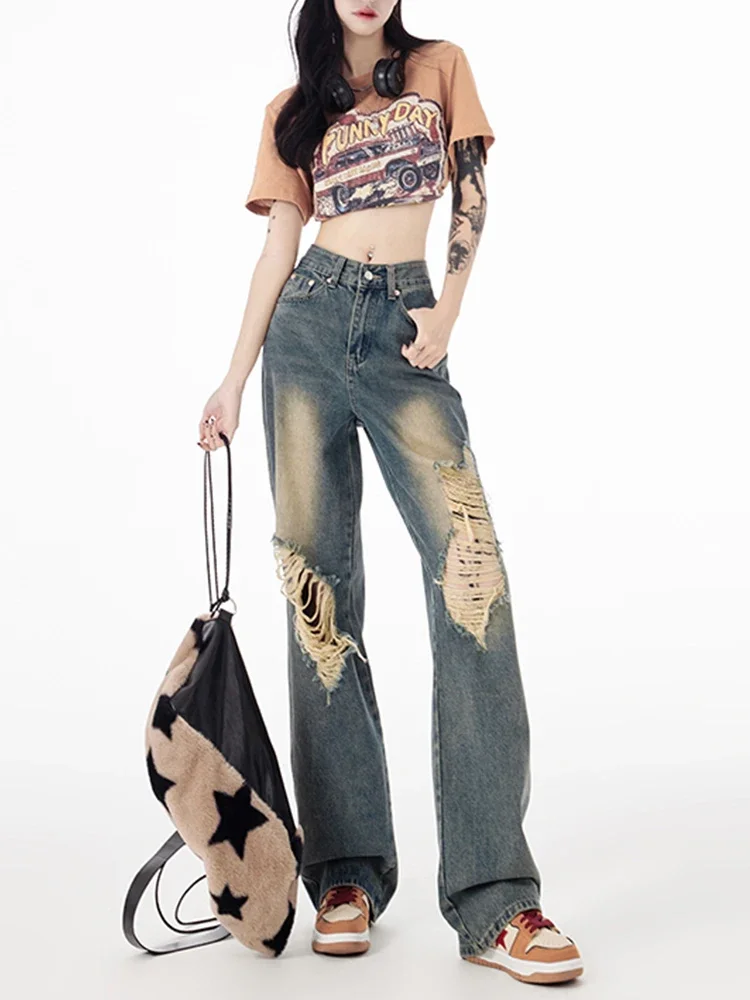 

American Junk Rock Ripped Baggy Jeans For Women Pantalones 2024 Vintage Y2K Streetwear Extended Wide Leg Denim Pants