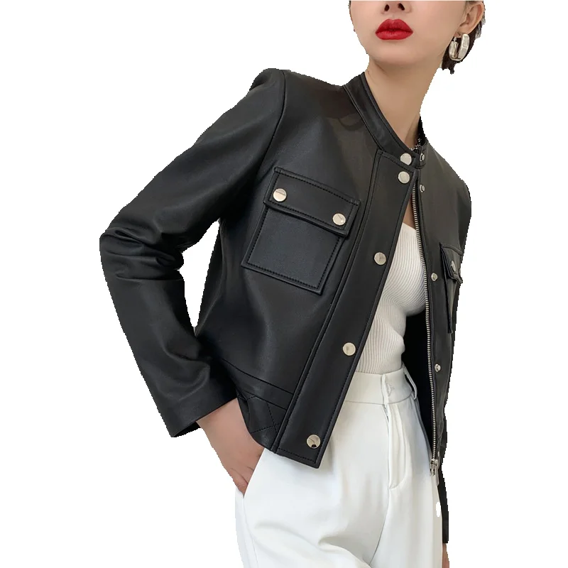 

Куртка из натуральной кожи, Женский верхний слой, короткая куртка из овечьей кожи, кожаная куртка, мотоциклетная