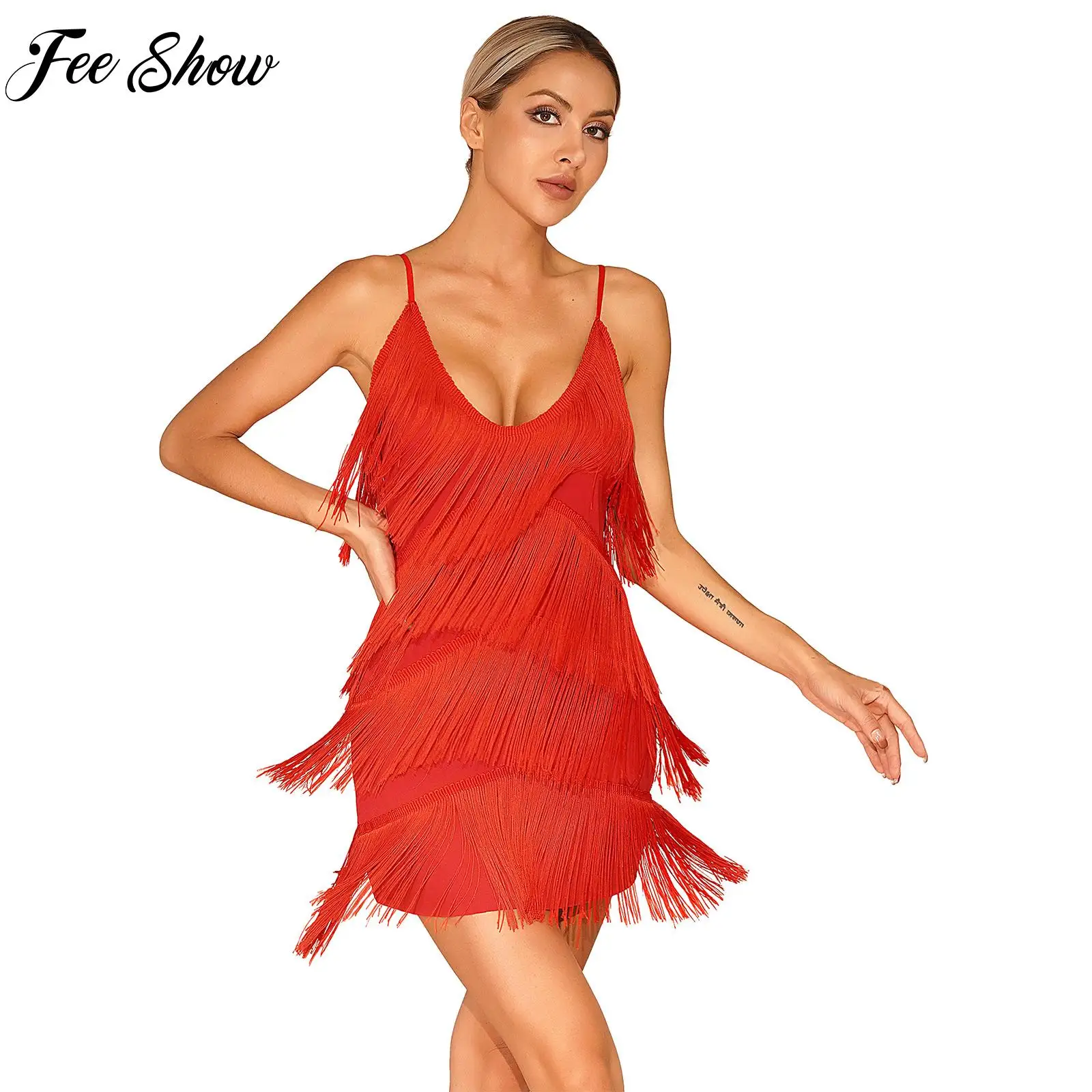 

Womens Fringed Latin Jazz Dance Dress Tiered Tassel Dress Adjustable Spaghetti Strap Dresses for Ballroom Dancing Cocktail Party