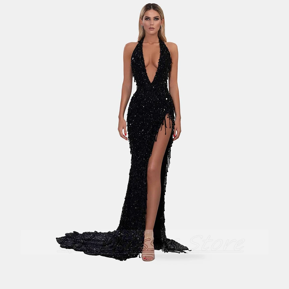 

Sexy Foramal Evening Dress Women‘s Black V-Neck Sequins Backless with High Slit Prom Party Elegant Gown Vestido De Gala