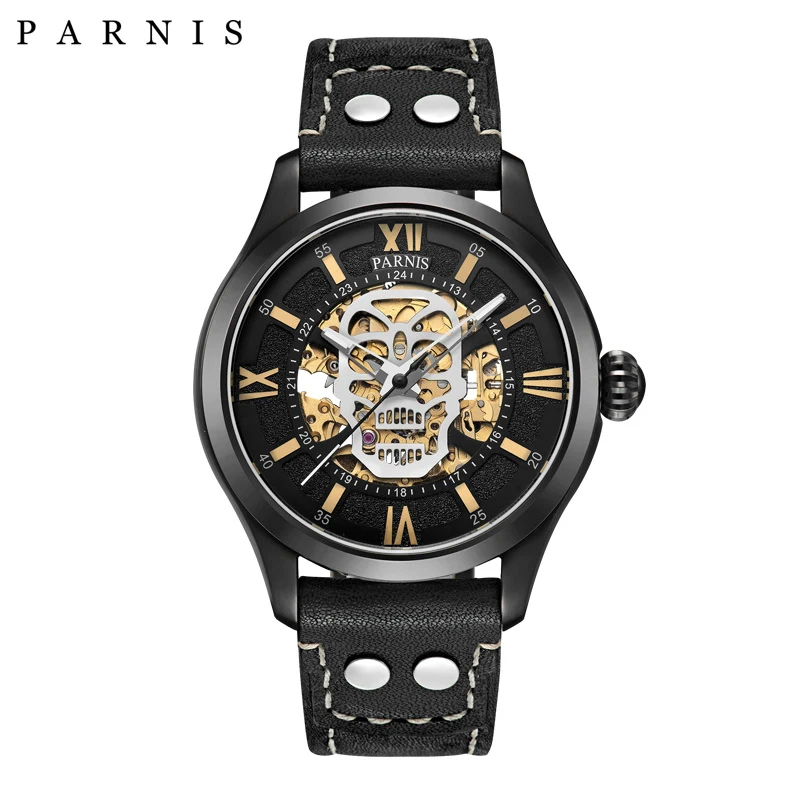 

Fashion Parnis 42mm Black PVD Case Mechanical Luminous Man Watches Skull Design Sapphire Glass Men Automatic Watch reloj hombre