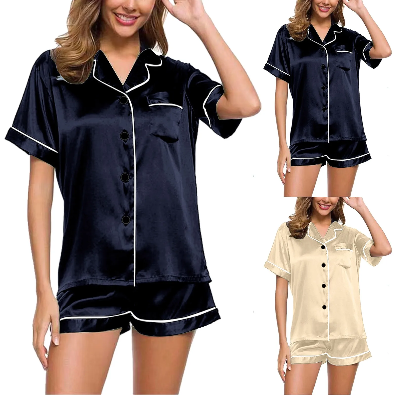 

Silk Satin Women'S Pajamas Set Button Down Top & Shorts 2 Pieces Sleepwear Notched Collar Nightwear Loungewear For Summer