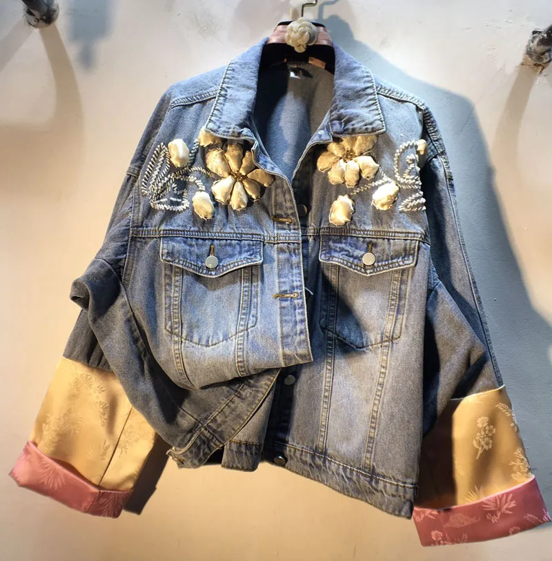 

Chinese Style Satin Splicing Loose Women Long Sleeve Outwear Beading Flower Casual Denim Jacket 2024 New Spring Blue Jean Coats