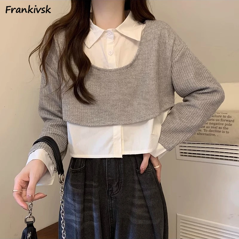 

Fake Two Piece Shirts Women Baggy Cropped Spring Autumn Korean Style Unique Stylish Daily Long Sleeve Knitwear Spliced All-match