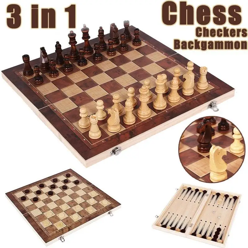 

Шахматная доска 3 в 1, складная деревянная настольная доска, деревянная шахматная доска для взрослых (шахматы + шашки и нарды)