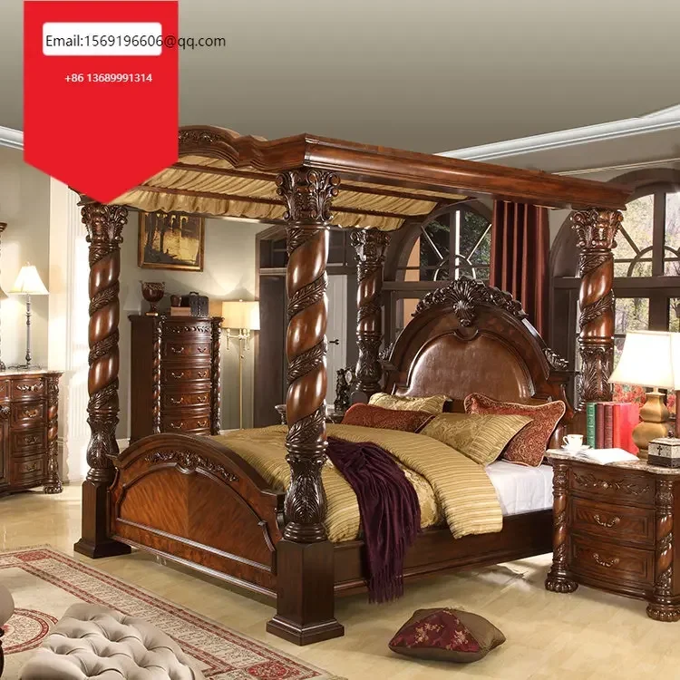 

Customized European-style High-grade All-solid Wood Leather 1.8M Master Bedroom Big Pillar Villa Hotel Furniture