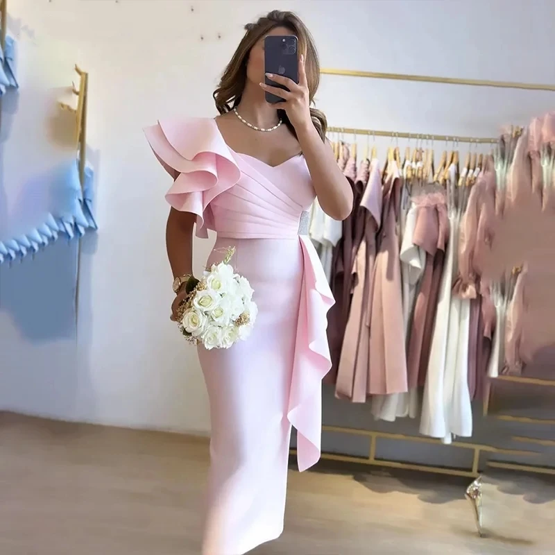 

Женское атласное платье-русалка, розовое вечернее платье с одним открытым плечом и оборками, длиной до щиколотки, официальное платье Саудовской Аравии для выпускного вечера, 2024