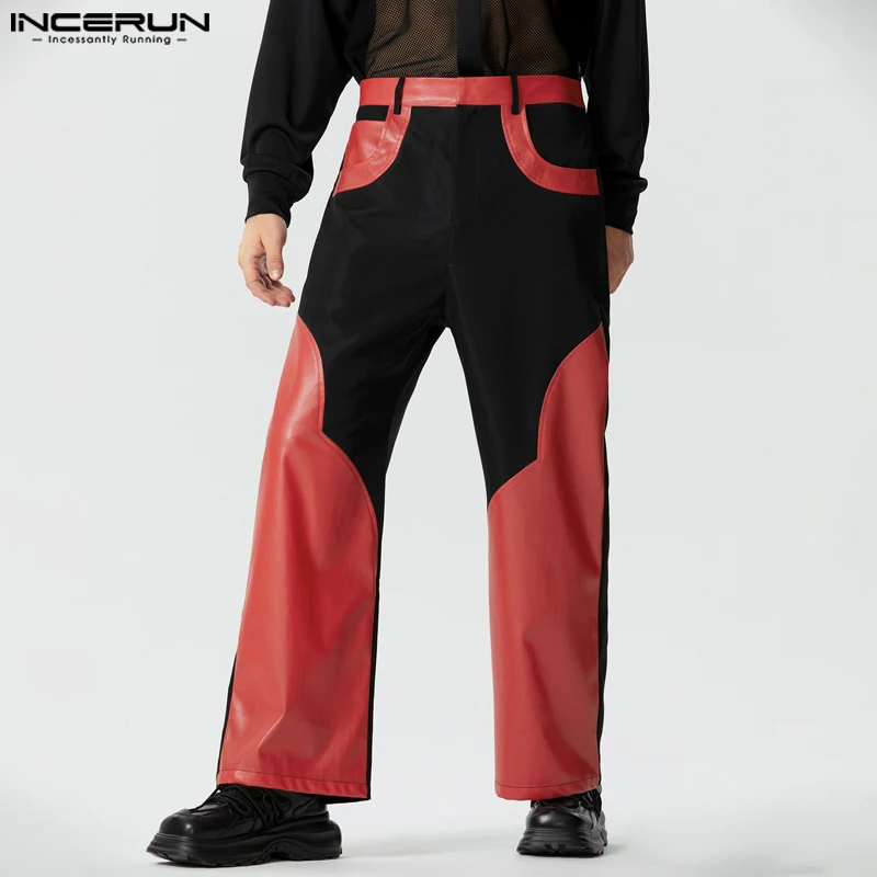 

INCERUN American Style New Mens Trousers Personality Stitching Contrasting Color Pants Casual Fashion PU Leather Pantalons S-5XL