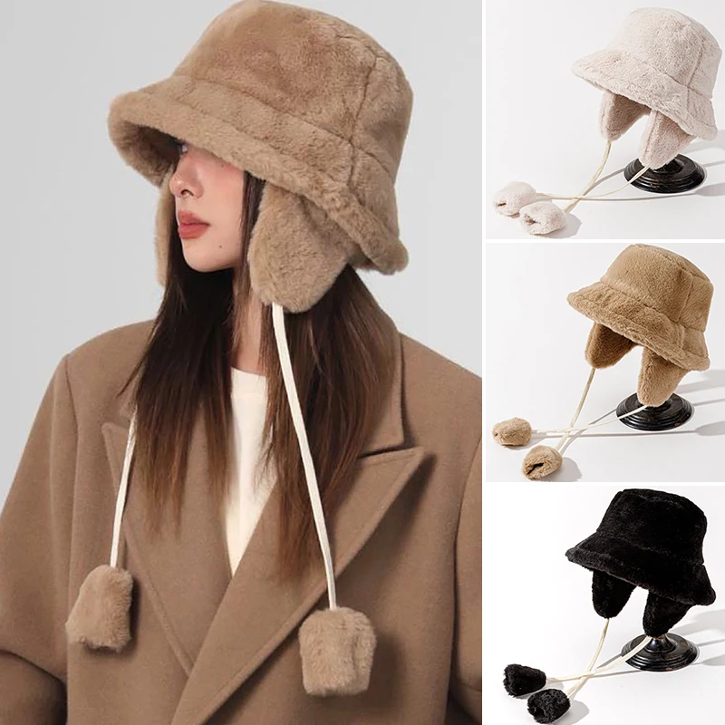 

Y2k Harajuku Fuzzy Fisherman Hat Outdoor Plush Ear Protection Bucket Hat Solid Color Faux Fur Lace-up Basin Cap Warm Accessories