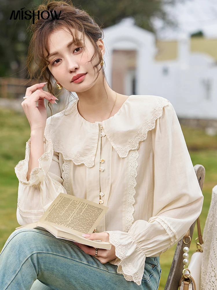 

MISHOW Ruffled Petals Lace Collar Shirt 2024 Spring Loose Slim French Retro Peter Pan Collar Puff Sleeve Solid Tops MXD14X1353