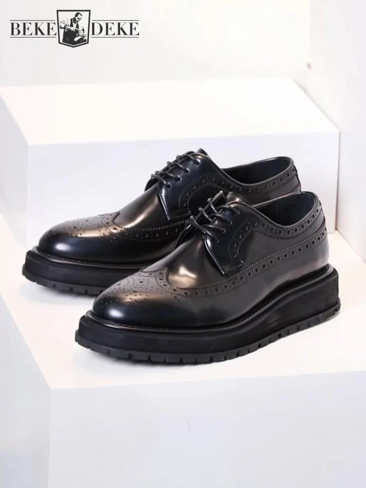 

Mens Wing Tip Brogue Shoes Business Height Inceasing Thick Platform Cowhide Genuine Leather Formal Shoes Bright Work Dress Shoes