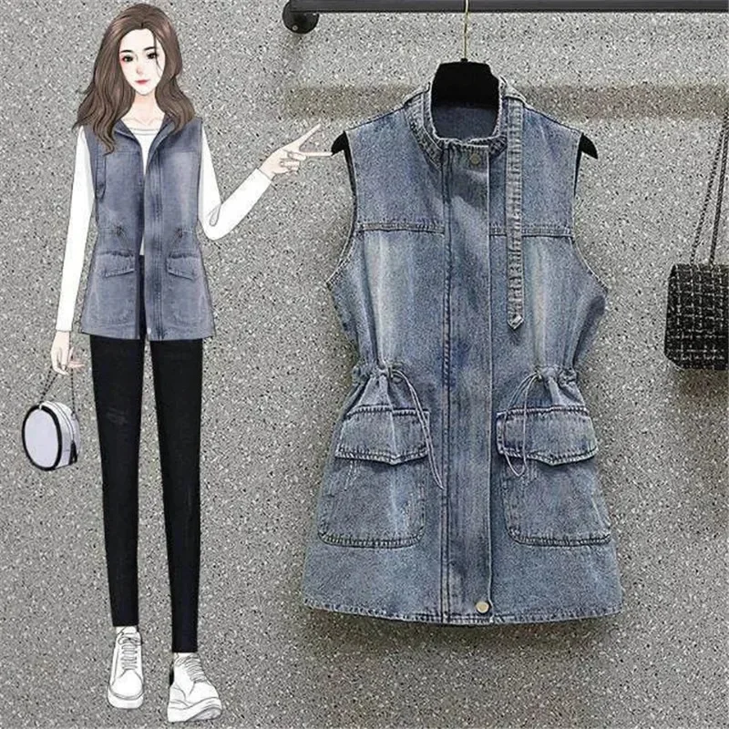 

Korean Loose Sleeveless Coat Jean Woman Waistcoat Tops Ladie 2024 Vintage Denim Jacket Vest Women Mid-length Spring Autumn New