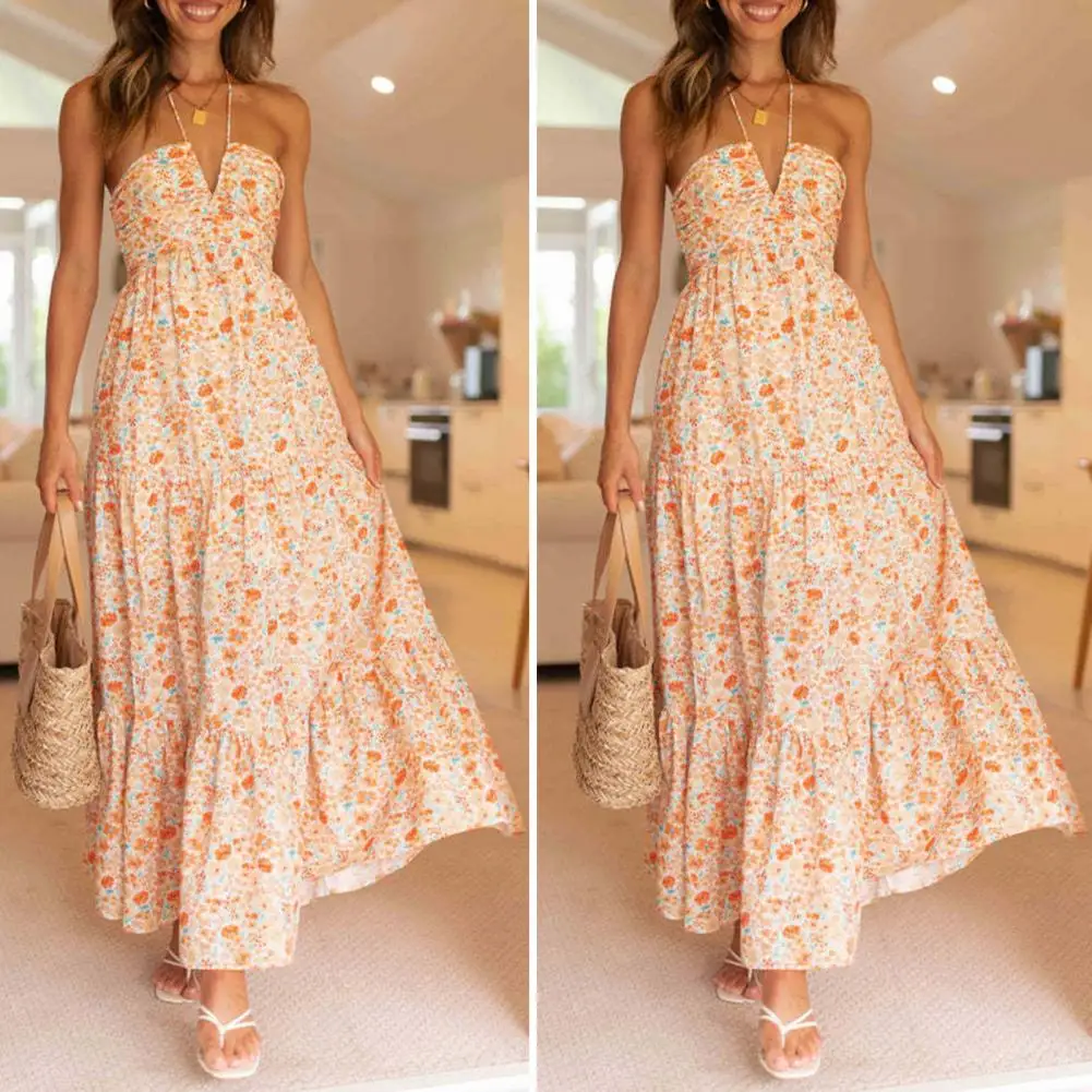 

V-neck Long Dress Halterneck Dress Floral Print Halter Maxi Dress for Women Vacation Beach Sundress with Off Shoulder Design