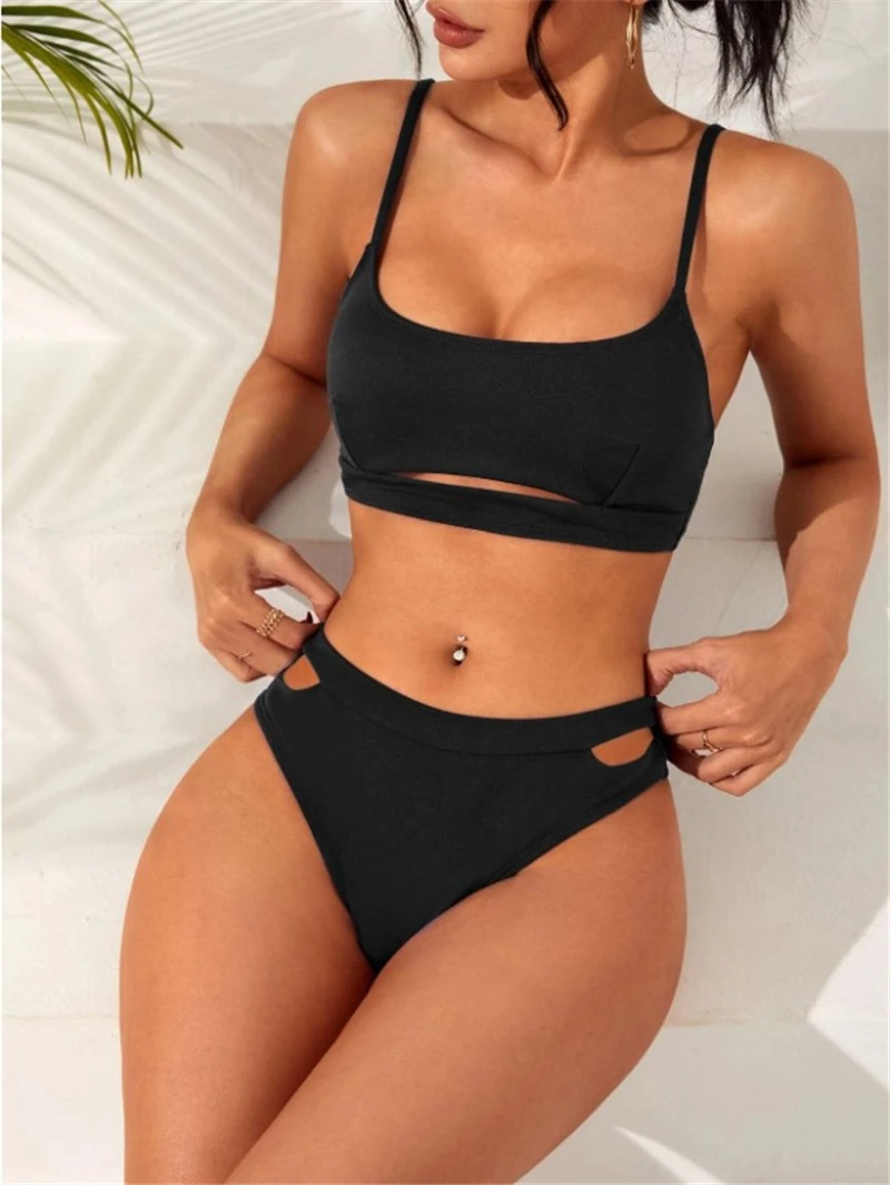 

Swimwear Female Sense Black Hollowed-Out Bikini Two-Piece High Waisted Resort Beach Bikini Spa Seaside Swimsuit