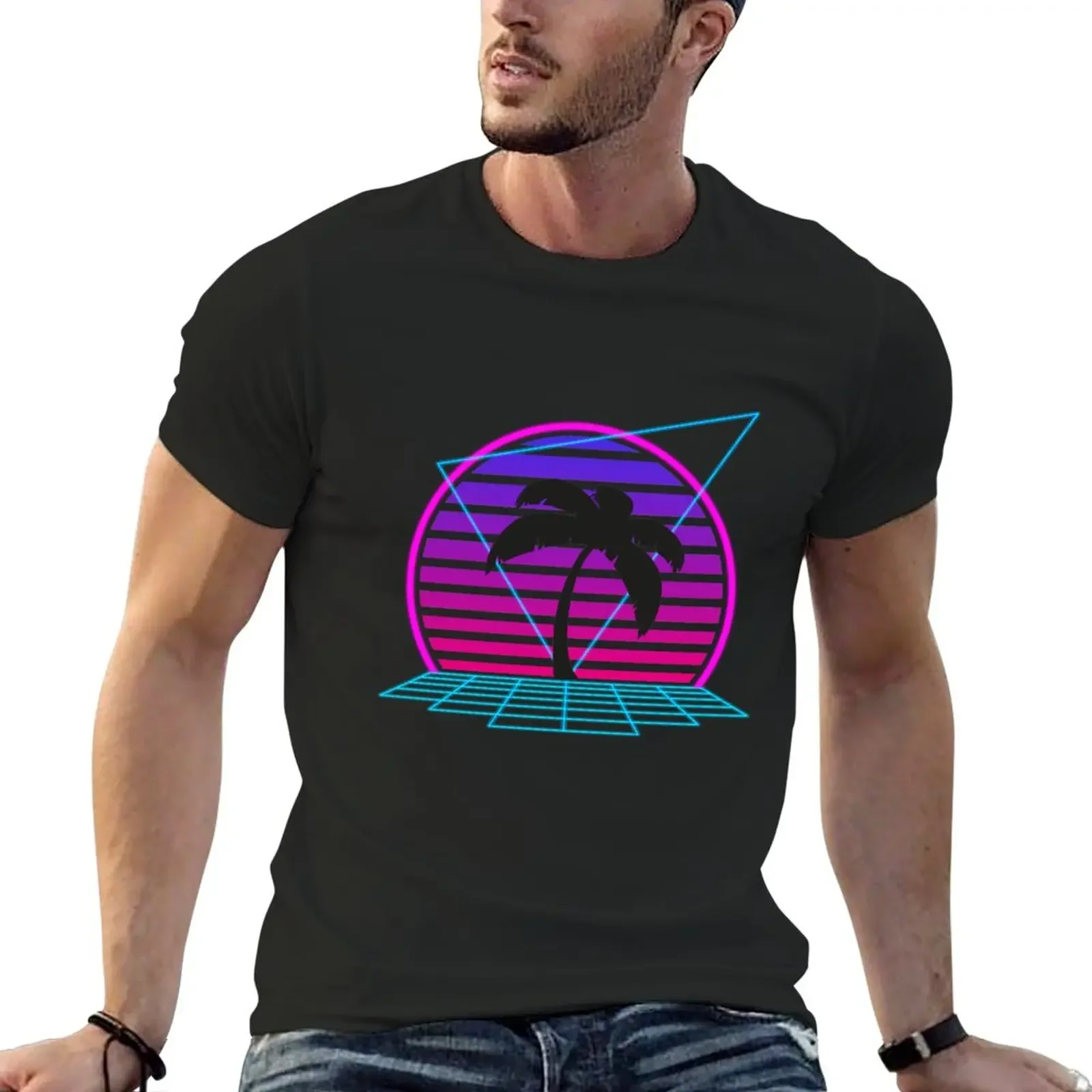 

90s Sunset with palm tree in Outrun Synthwave style T-Shirt Short sleeve tee sports fans blanks men clothes