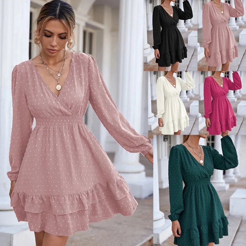 

2023 Autumn New V Neck Long Sleeved Dress Pure Color Elegant Ruffles Slim A Line Dress Ladies Temperament Commuter Dresses