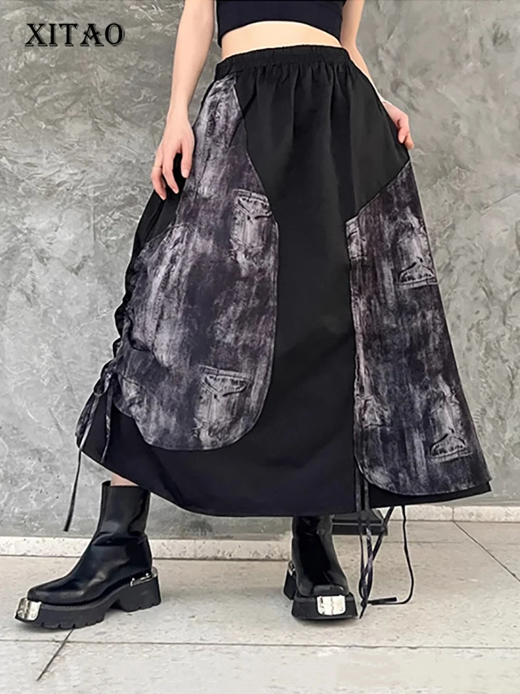 

Повседневная Лоскутная юбка XITAO, винтажная свободная трапециевидная юбка с поясом на резинке, Весенняя модная женская новая юбка до середины икры LYD1620