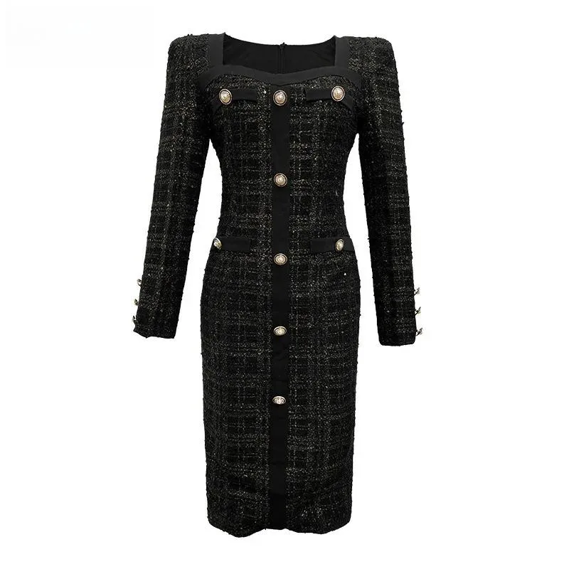 

Luxury Women Short Dresses 2023 Black Burgundy Square Collar Long Sleeve Tweed Plaid Dress Female Office Lady Formal Dress