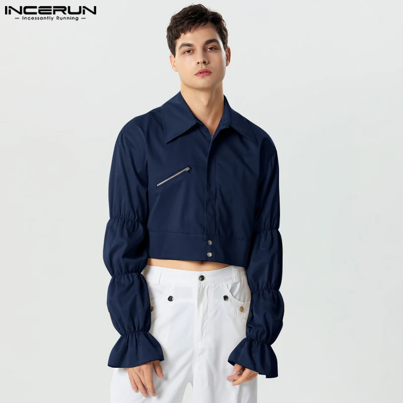 

Handsome Well Fitting Tops INCERUN New Mens Solid Cropped Bubble Sleeve Shirts Casual Streetwear Long Sleeved Lapel Blouse S-5XL