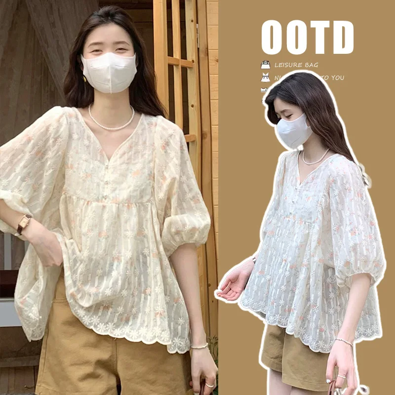 2024 Sweet V-neck Pregnancy Floral Shirts Summer Fashion Embroidery Puff Sleeve Pregnant Woman Blouses Loose Maternity Clothes
2024 Sweet V-neck Pregnancy Floral Shirts Summer Fashion Embroidery Puff Sleeve Pregnant Woman Blouses Loose Maternity Clothes